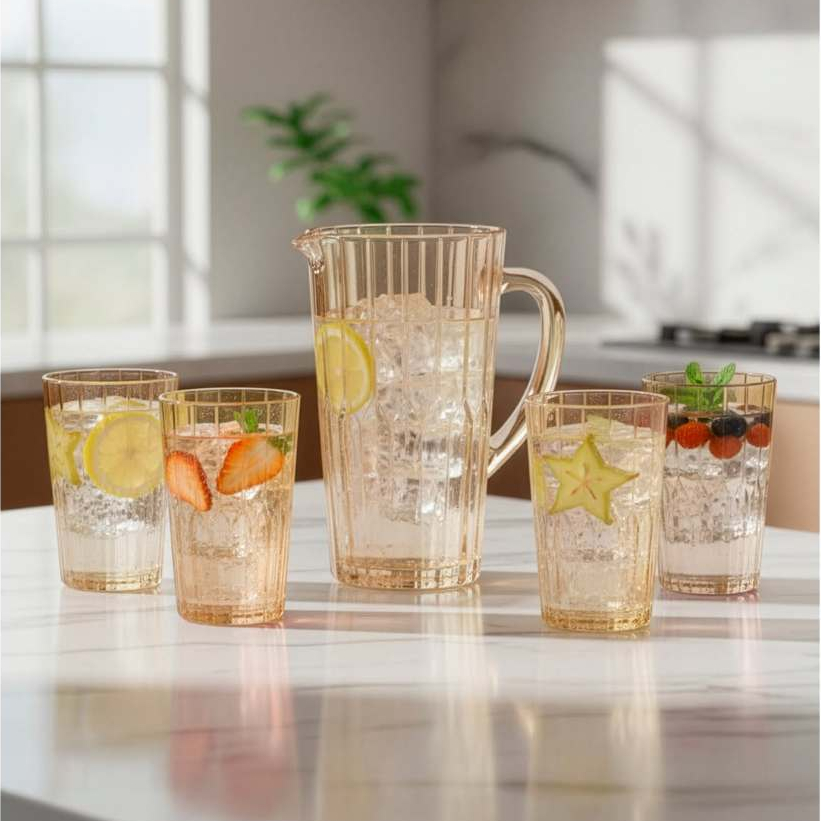 Kit Jogo Jarra Vidro Âmbar 1,25L + 4 Copos 470ml Água Suco Mesa Posta para o Dia das Mães