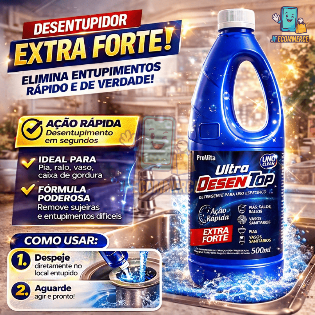 Desentupidor Líquido Ultra DesenTop Alta Potência 500ml Pia Ralo Vaso Esgoto Gordura Rápido Fácil