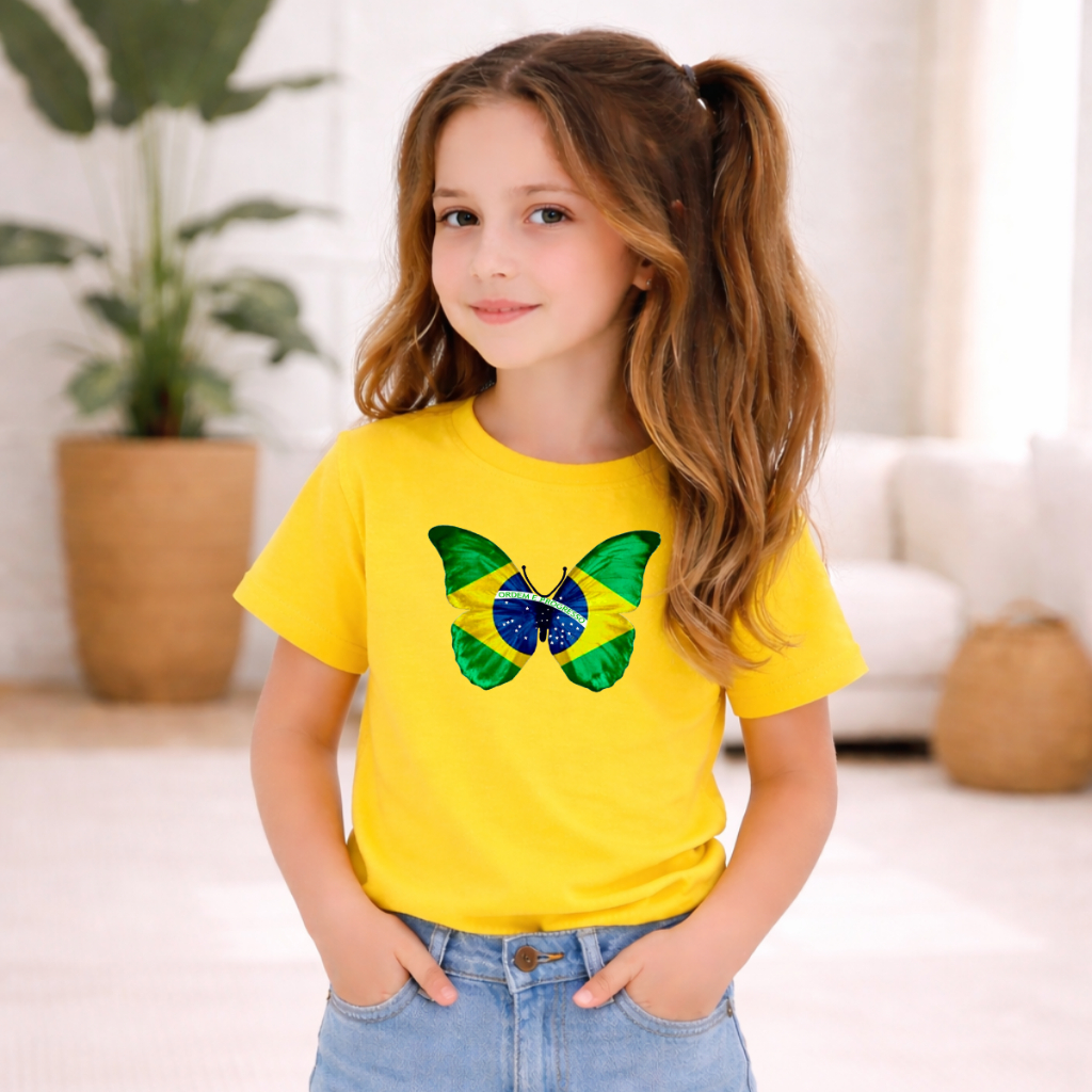 T-Shirt Feminina Infantil Mini Torcedora Copa Do Mundo Camiseta Estampa Borboleta Brasil Moda Infanto Juvenil Torcida BR
