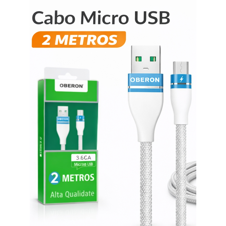 Cabo Micro USB V8 2 Metros OBERON | Carregamento Rápido 3.6A | Extra Longo e Resistente Android Disponível na cor PRETO