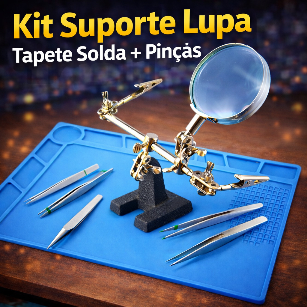 Kit Bancada Reparos Eletrônica Celular Lupa Garra + Tapete Anti-Estático + Pinças Jogo Completo