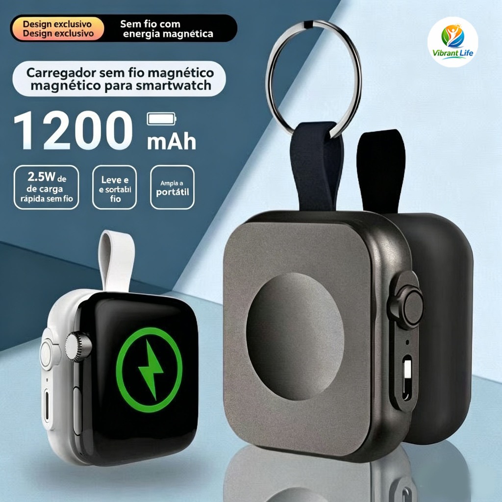 Carregador Portátil Indução Apple Watch iPhone Magsafe Sem Fio 1200mAh Bateria