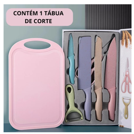 Imagem Jogo kit 7 peças facas Tabua Descascador Tesoura Profissional Cozinha Gourmet Faca de Churrasco