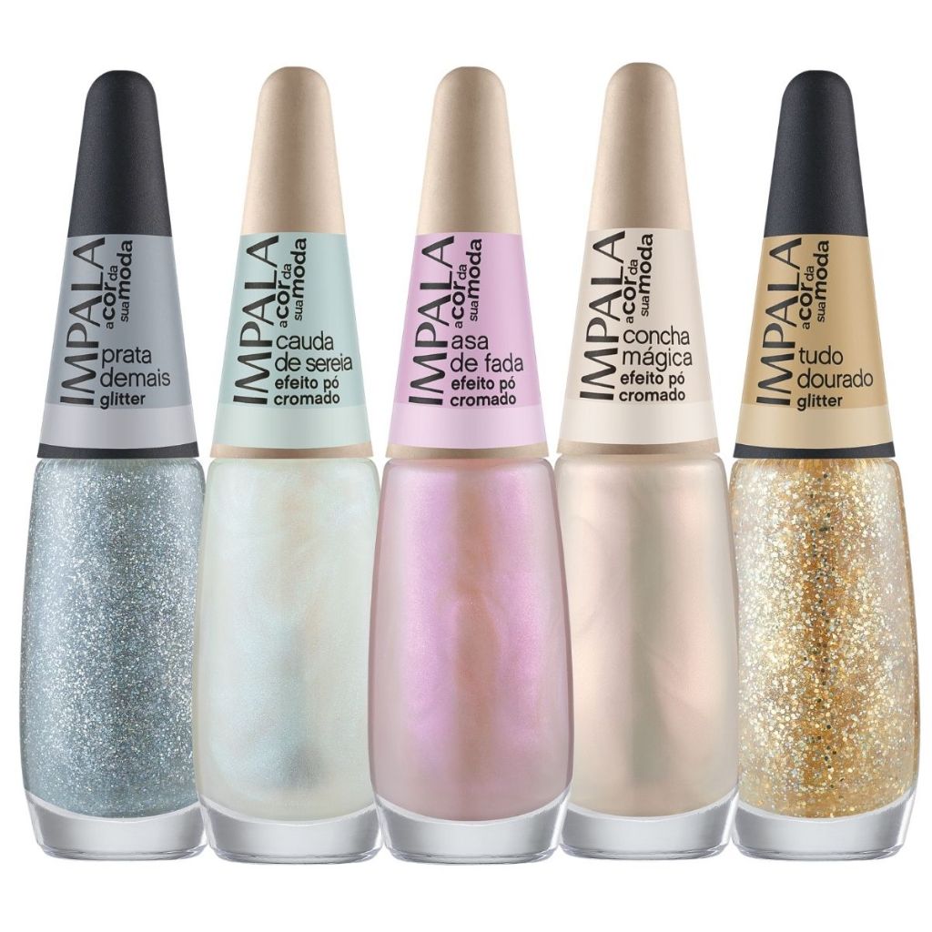 Esmalte Impala Efeito Pó Cromado e Glitter A Cor Da Sua Moda 7 - Lançamento Manicure Pedicure - Kit com 5 Cores