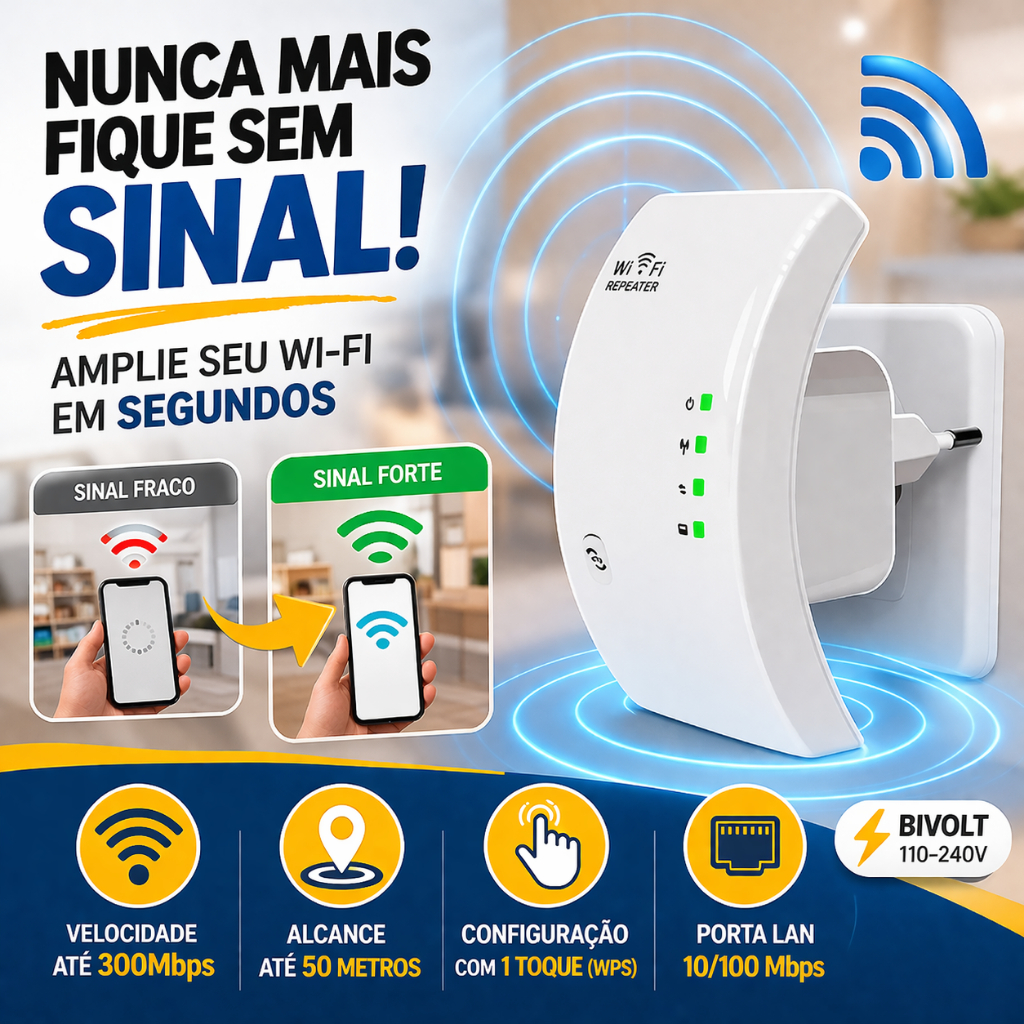 Repetidor WiFi 300Mbps Bivolt Amplificador Sinal 2.4GHz WPS Extensor Internet Até 50m