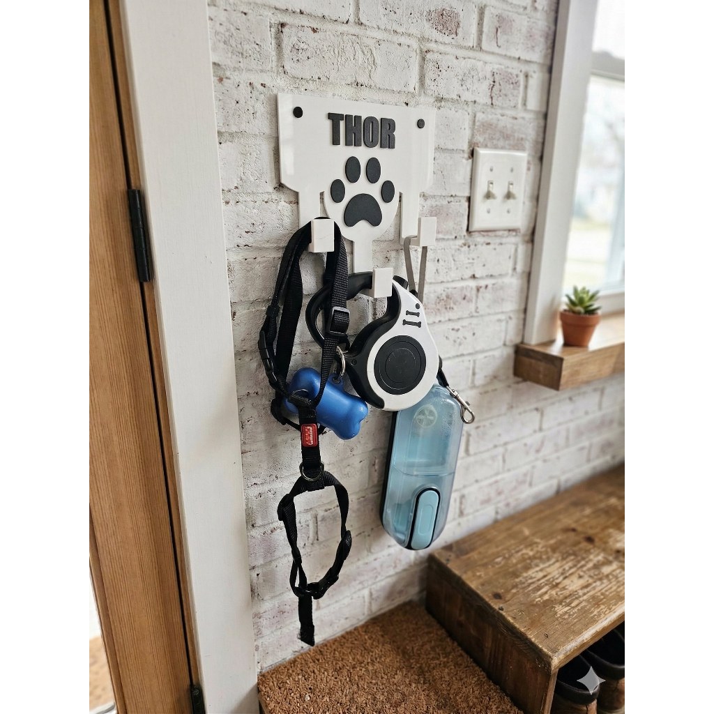 Suporte Organizador de Coleira Personalizado com Nome para Cachorro - Porta Guia e Acessórios Pet --