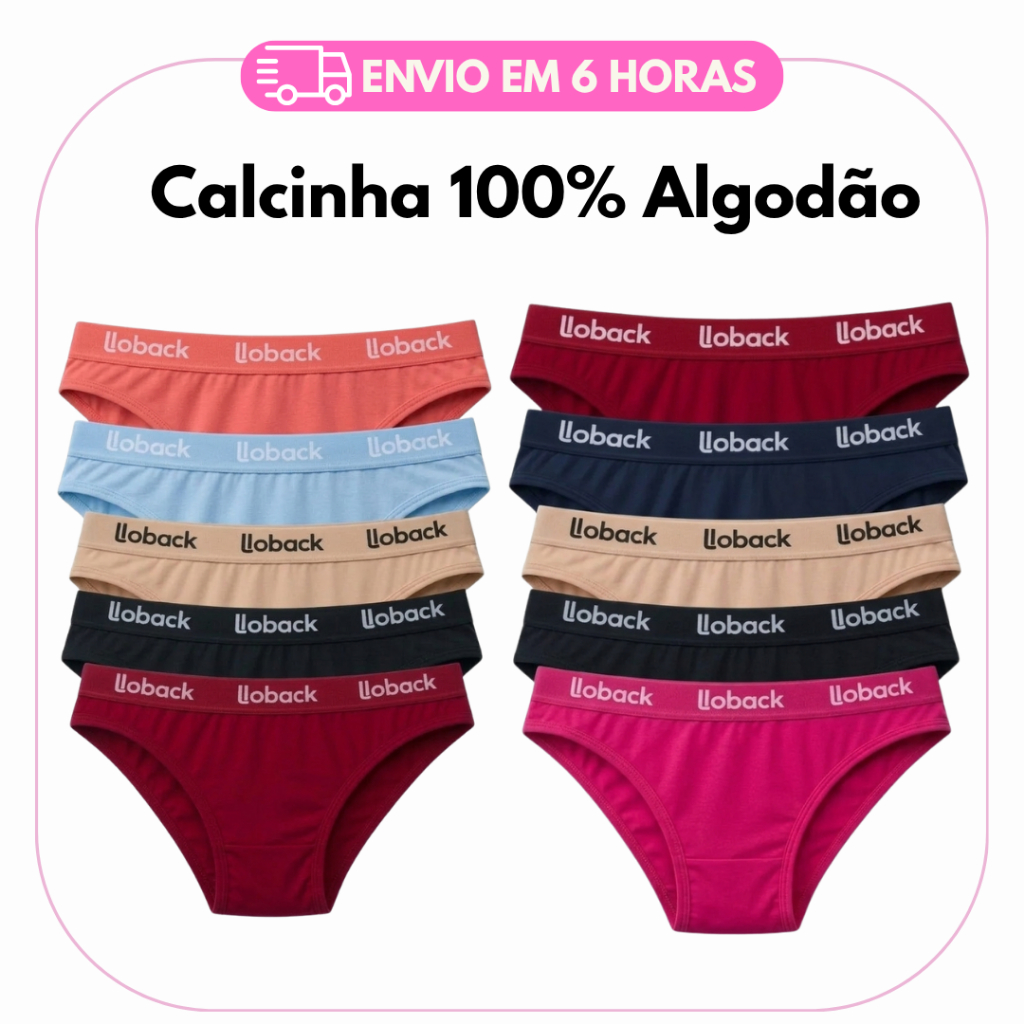 Kit 10  Calcinha Feminina 100% Algodão Premium Cotton Com Cós Elástico Direto Da Fábrica LOBACK 03