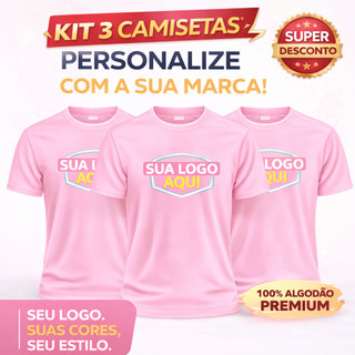 CAMISAS KIT COM 3 UNISSEX ESTAMPAS PERSONALIZADAS 100% ALGODÃO SUA ART LOGO UNIFORME OU FRASE