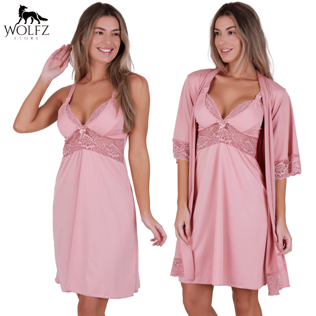 Kit Camisola Amamentação Abre Fácil + Robe Luxo Confortável Com Renda Delicada Saída de Maternidade