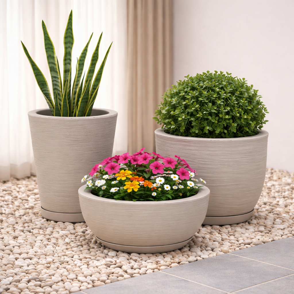 Kit 3 Vasos decorativo coluna Bojo Bacia Escovada Para  Plantas Jardim Casa com prato coletor
