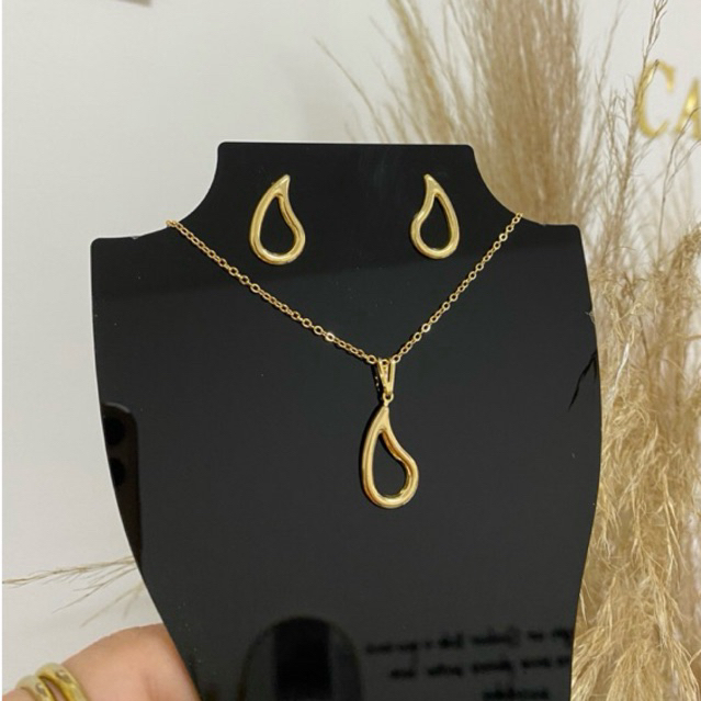 kit Conjunto Colar + Brinco gota vazada  dourado Folheado a ouro 18k hipoalergênico