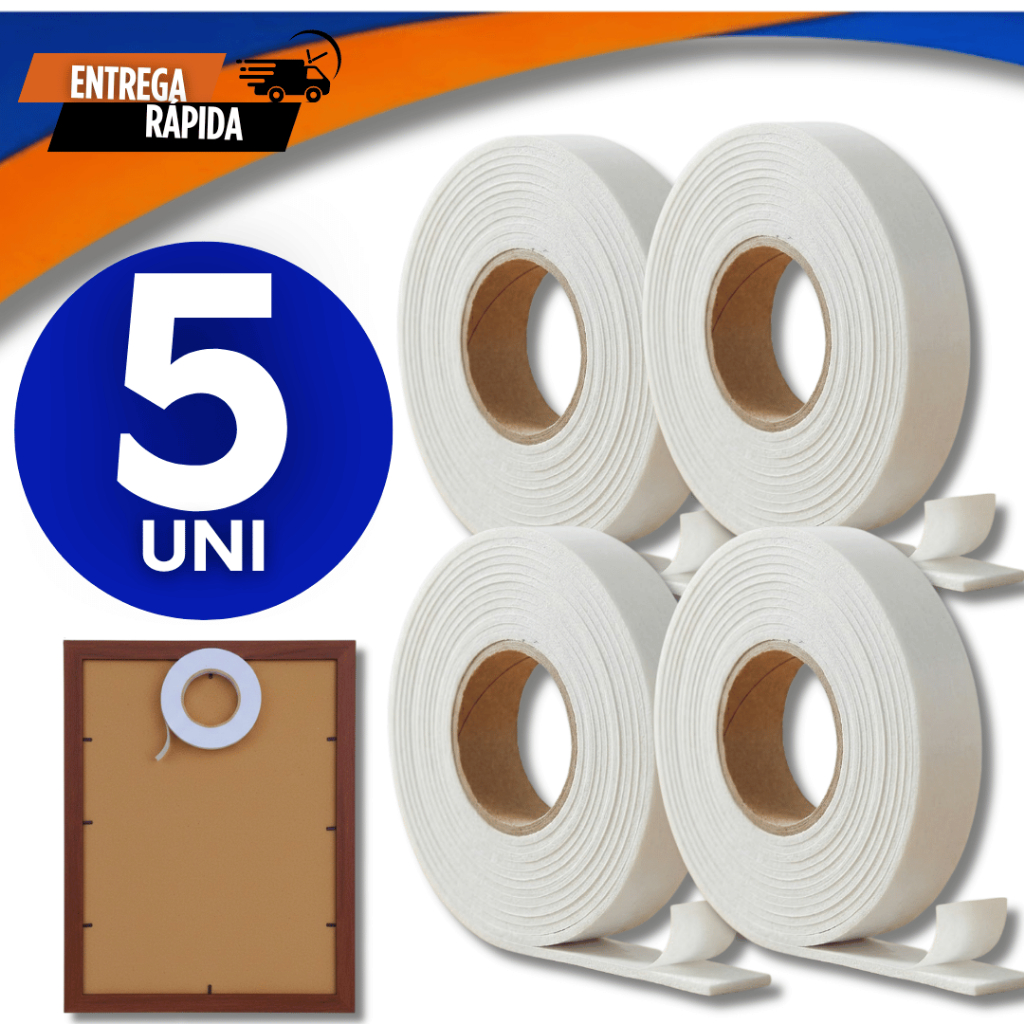 KIT 05 Fita Adesiva Banana Dupla Face Espuma Rolos 2,4M X 1,7CM X 1,5MM Utilidades Premium Fitas