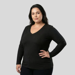 Blusa Canelada Feminina Plus Size Decote V Manga Longa Básica 1232-A