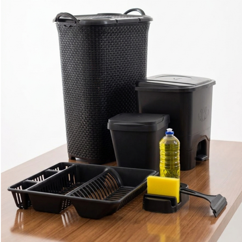Jogo Rattan Completo Cesto 50 litros, Lixeira 07 Litros,  Lixeira 05 Litros,Escorredor de Louça,Porta Detergente CONCPT