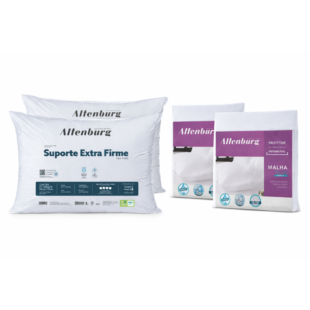 Kit 2 Travesseiro Extra Firme 145 Fios + 2 Capas Impermeáveis Altenburg Antialérgico Lavável em Máquina