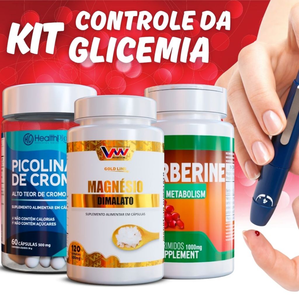 Magnésio Dimalato 500mg - Picolinato de Cromo 500mg - Berberine 1000mg - KIT CONTROLE DE GLICEMIA