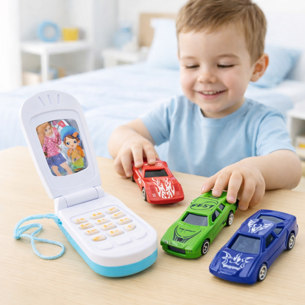 Kit Brinquedo Telefone Divertido + 3 Carrinhos Brinquedos Infantil Presente Para Crianças