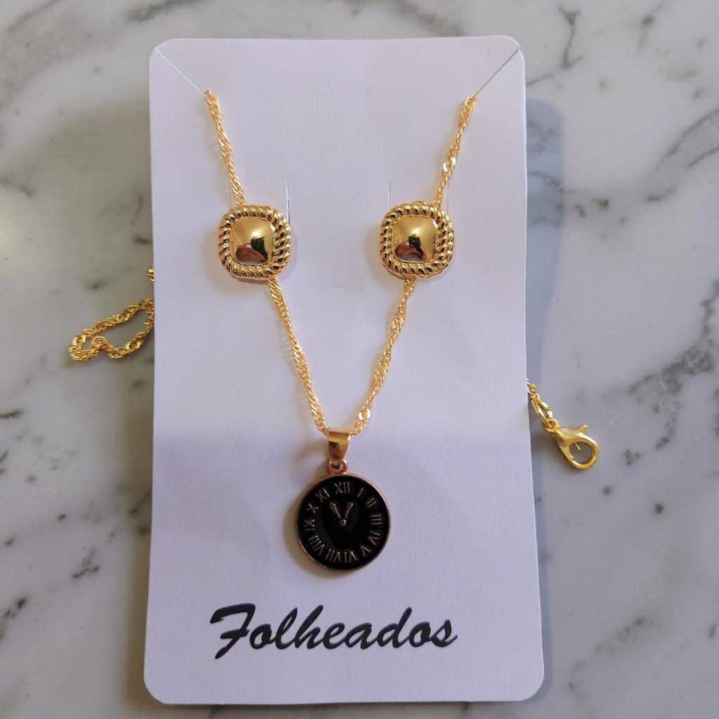 Colar Feminino Relógio + Brincos Dourados Conjunto Luxo Folheado Ouro 18k Presente