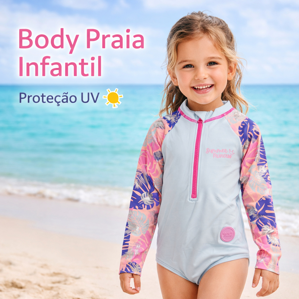 Body Praia Infantil Feminino Manga Longa Proteção UV Maiô Infantil Menina Tamanho 6, 8 e 10