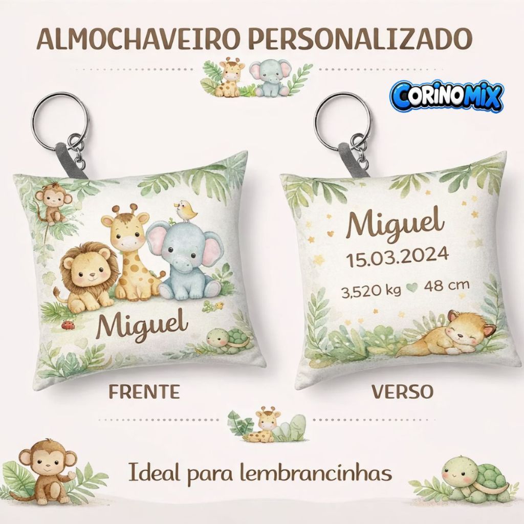 Almochaveiro Safari Personalizado Nome e Dados Bebê Lembrancinha Maternidade Nascimento