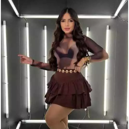 Conjunto Feminino Elegante Saia Plissada e Body Tule Moda Tendência Gringa São João