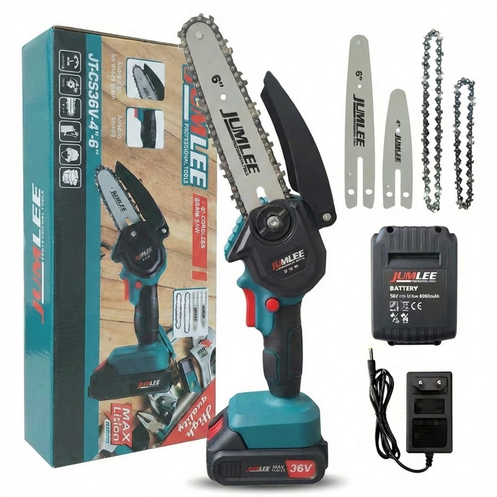 Mini Motosserra Elétrica 36V Kit 2 em 1 Sabres 4" e 6" Sem Fio Recarregável Bateria 6000mAh Profissional para Poda