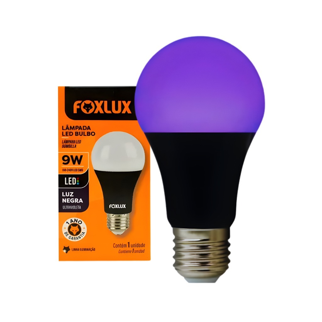 Lâmpada Luz Negra LED 9W bulbo Bivolt E27 Foxlux UV Efeito Neon para Festa Decoração