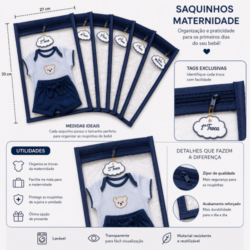 6 Saquinho Maternidade Organizador Viagem Mala Bebê + 6 TAG MALA/VIAGEM/ROUPA SECA/ROUPA LIMPA