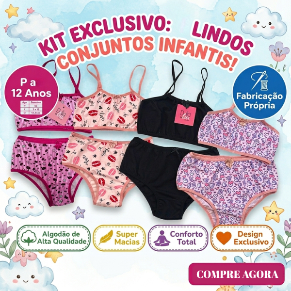 kit Conjuntos Calcinha e Sutia Infantil de Algodão Calcinha Mais Top Confortaveis Modelo Premium Estampas Variadas