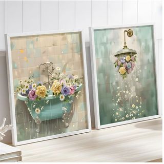 Kit 2 Quadros Decorativos Banheiros Lavabos  Flores Clean Moderno Sofisticados Tons Neutr…