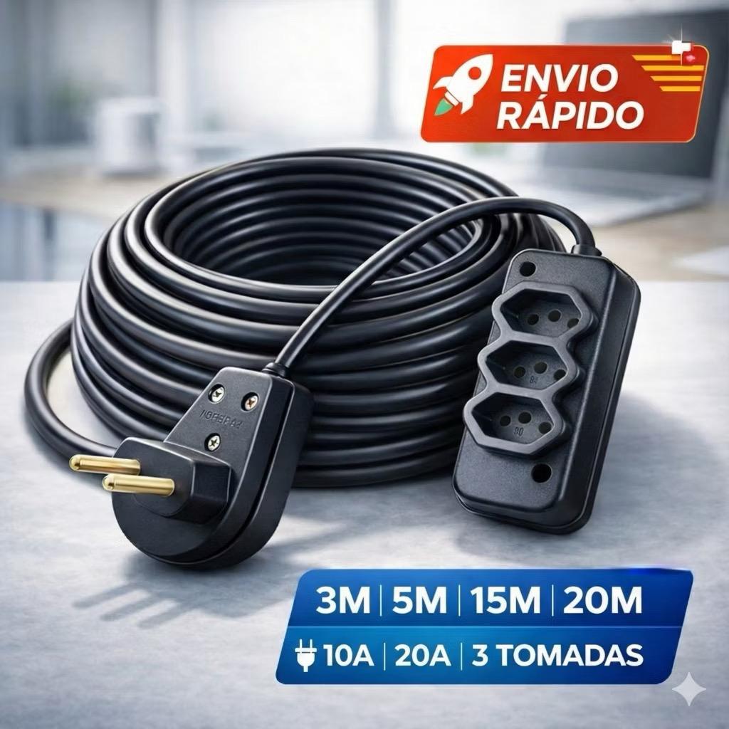 Extensão Elétrica Cabo PP 3, 5, 15 e 20 Metros Reforçada 2x2.5mm 10/20A Cor Preto Bivolt 127/220V