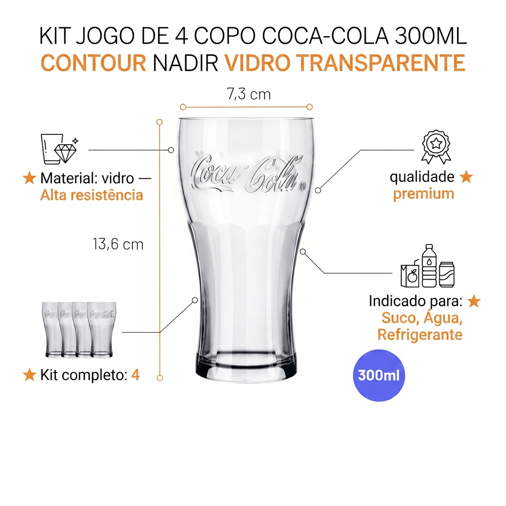 Detalhes do Kit jogo de 4 Copos de Coca-cola 300ml Contour Nadir Vidro Transparente - premium