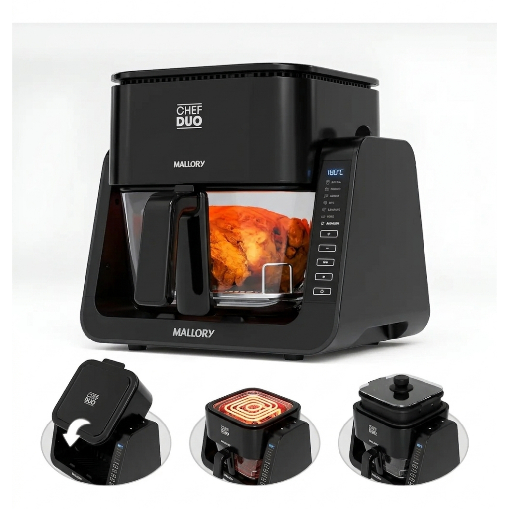 Fritadeira Air Fryer 2 Em 1 Fogão Grill Chef Duo Cesto Vidro Digital Sem Óleo Alta Potência