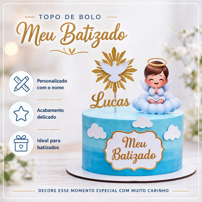 Topo de Bolo Batizado Personalizado com Nome/ Anjinho Nuvem Espírito Santo/Topper Batismo Menino Luxo