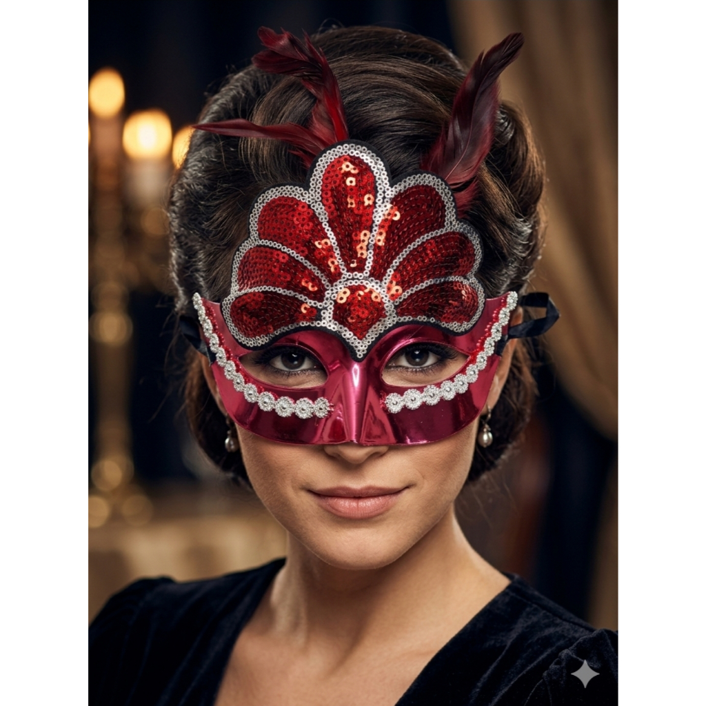 Mascara Veneziana de fantasia de Carnaval ou Baile Com Lantejoulas E penas