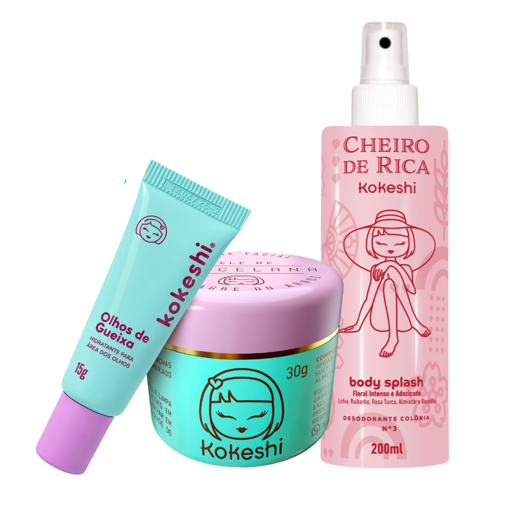 Imagem Kit Kokeshi Frescor Hidratação Perfumação Pele de Porcelana Olhos Gueixa Cheiro Rica N3 Adocicado