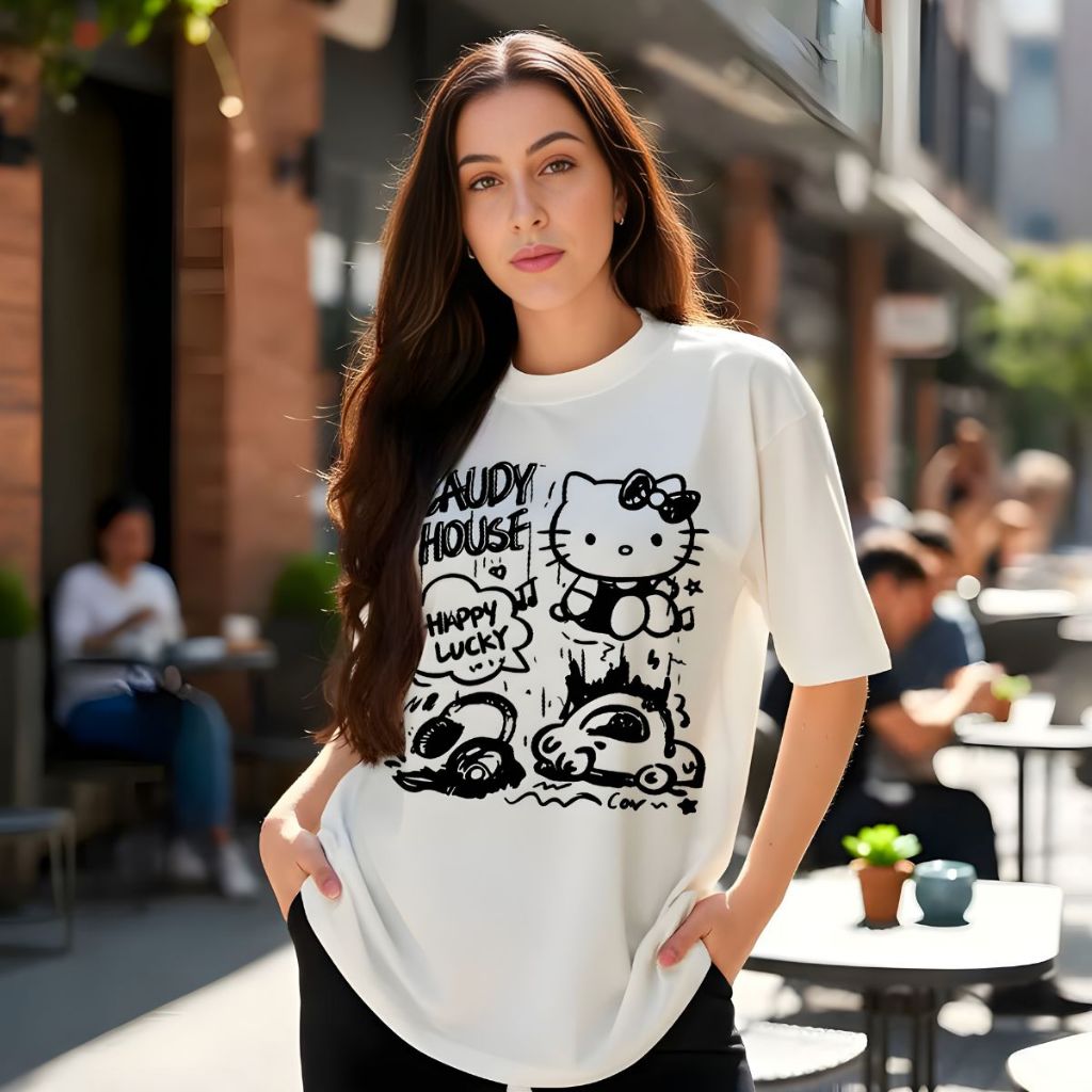Camiseta Camisa Oversized 100% Algodão Feminina Fofa Casual Street Confortavel Estilosa Hello Caudy