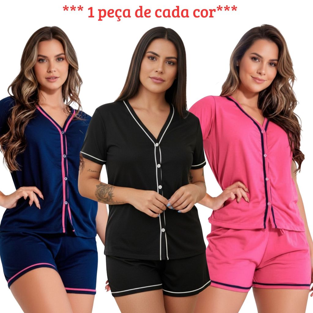 Kit 3 Pijamas Amamentação Americano baby doll Cirúrgico com botões em Malha