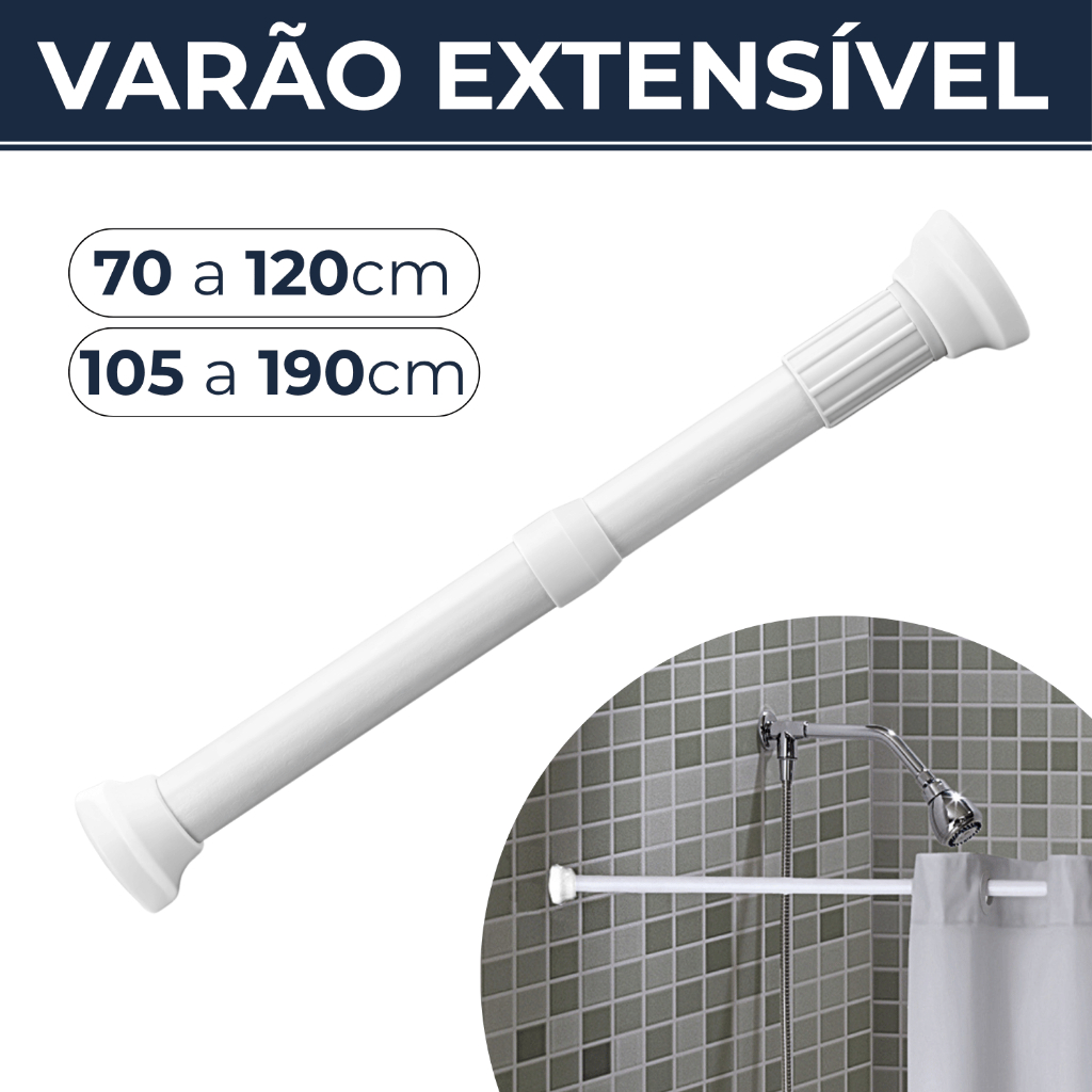 Varão Ajustável Extensível 70cm até 1,90mt Bastão Box Banheiro Suporte Extensor Cabideiro Cortina