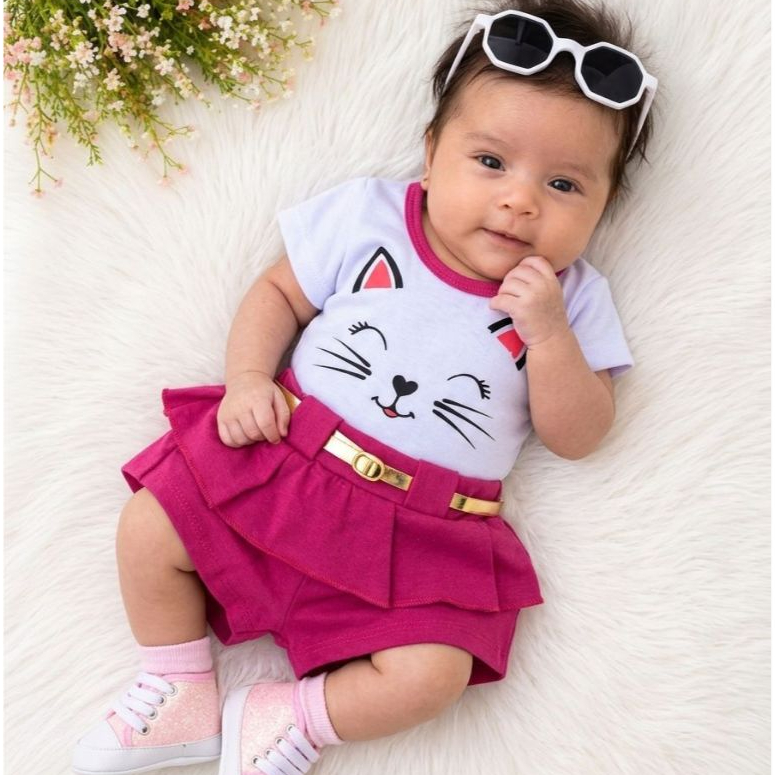 Conjunto 1 Camisa +1 Short Gatinha Feliz Bebê  Menina 0-3 Meses