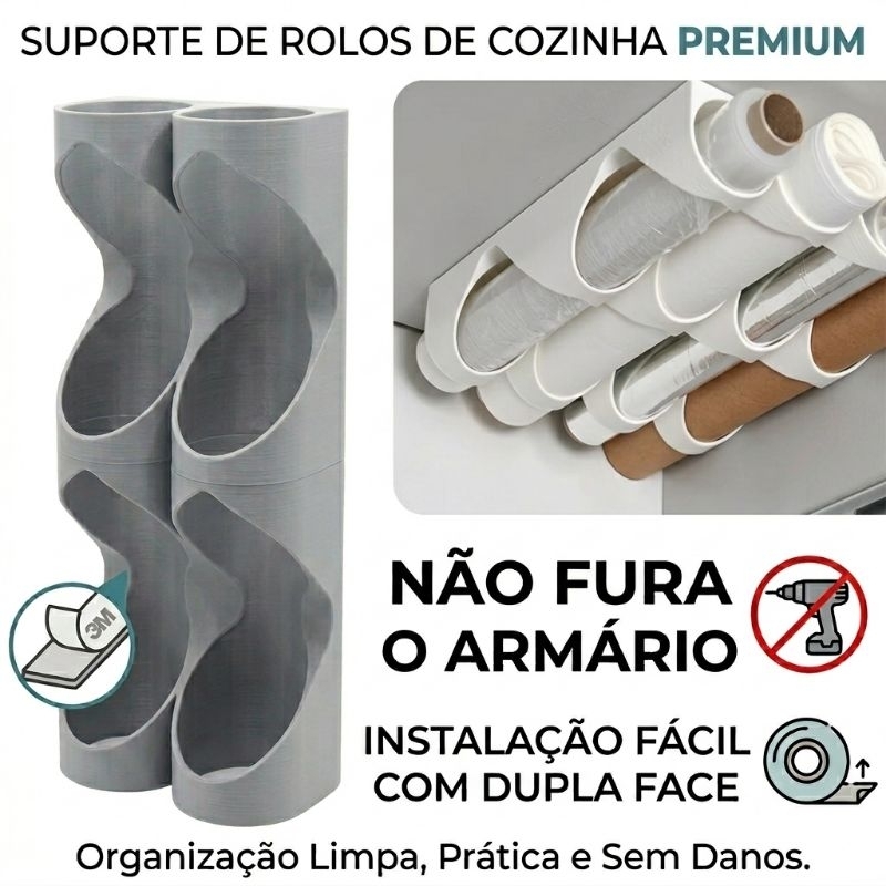 Organizador Rolo Papel Alumínio Filme Manteiga Suporte Cozinha Parede Organizador Adesivo Dupla Face
