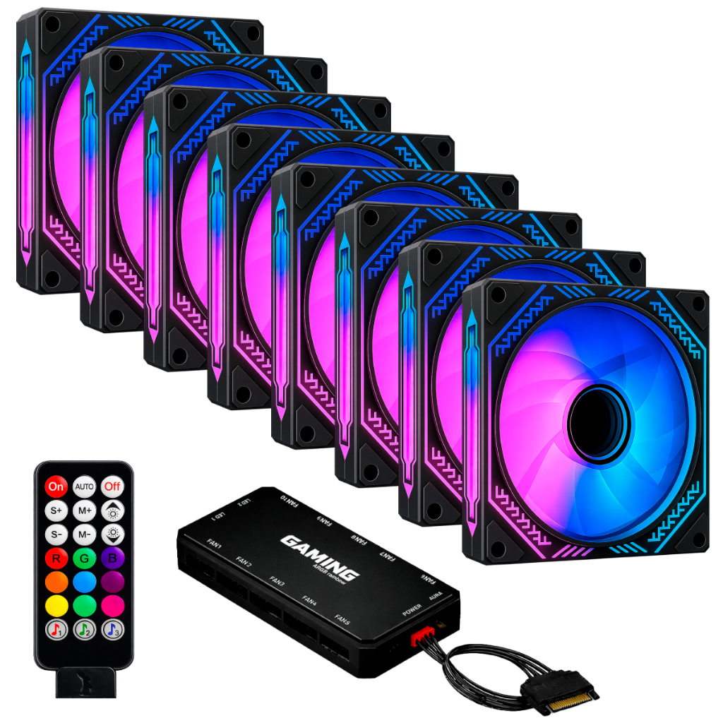 Kit 8 Fans Cooler Ventoinhas Aura Black Infinity ARGB Pc Gamer C/ Controladora Hub Preto
