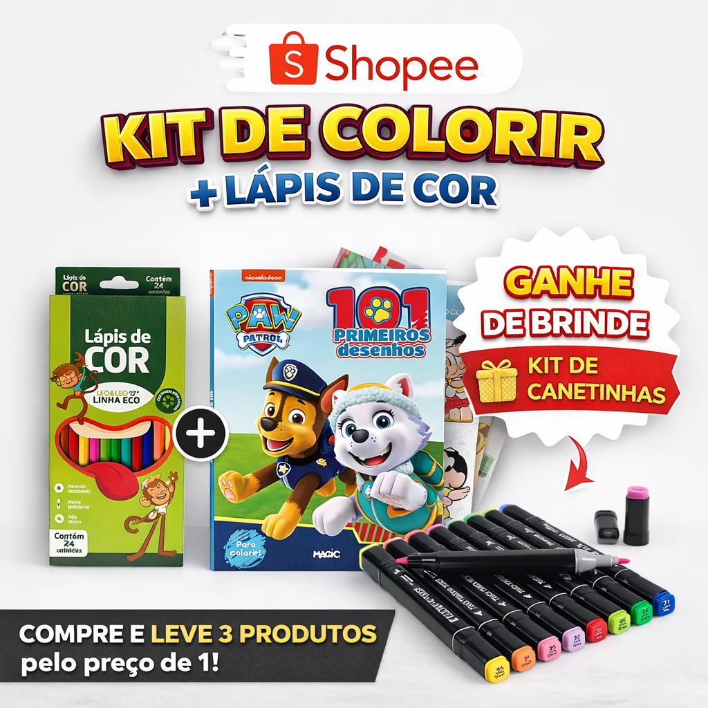 Kit Livro de Colorir InfantilL + Lápis de Cor 12 Cores + Canetinhas Brinde Pintura Desenho