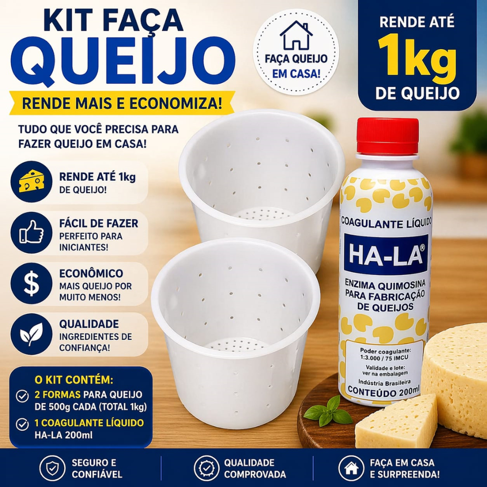 Kit Fazer Queijo Minas Frescal – 2 Formas 1kg + Coagulante Ha-La 200ml em Oferta na Shopee