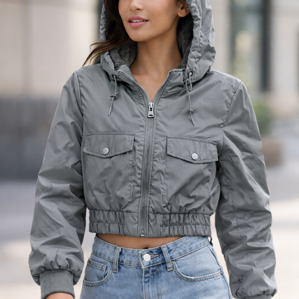 Jaqueta Cropped Feminina Corta Vento com Pelinho Capuz Removível Moda Inverno