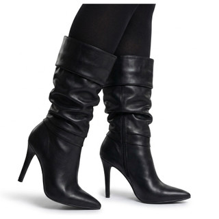 Bota feminina slouch cano médio salto fino sanfonada zíper forrada