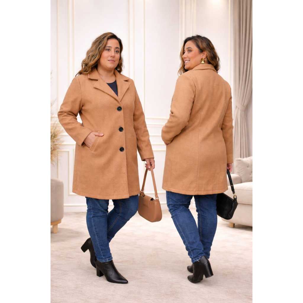Casaco Feminino Pus Size Inverno Lã Batida | Casaco Quentinho Elegante Com Botões e Bolso.