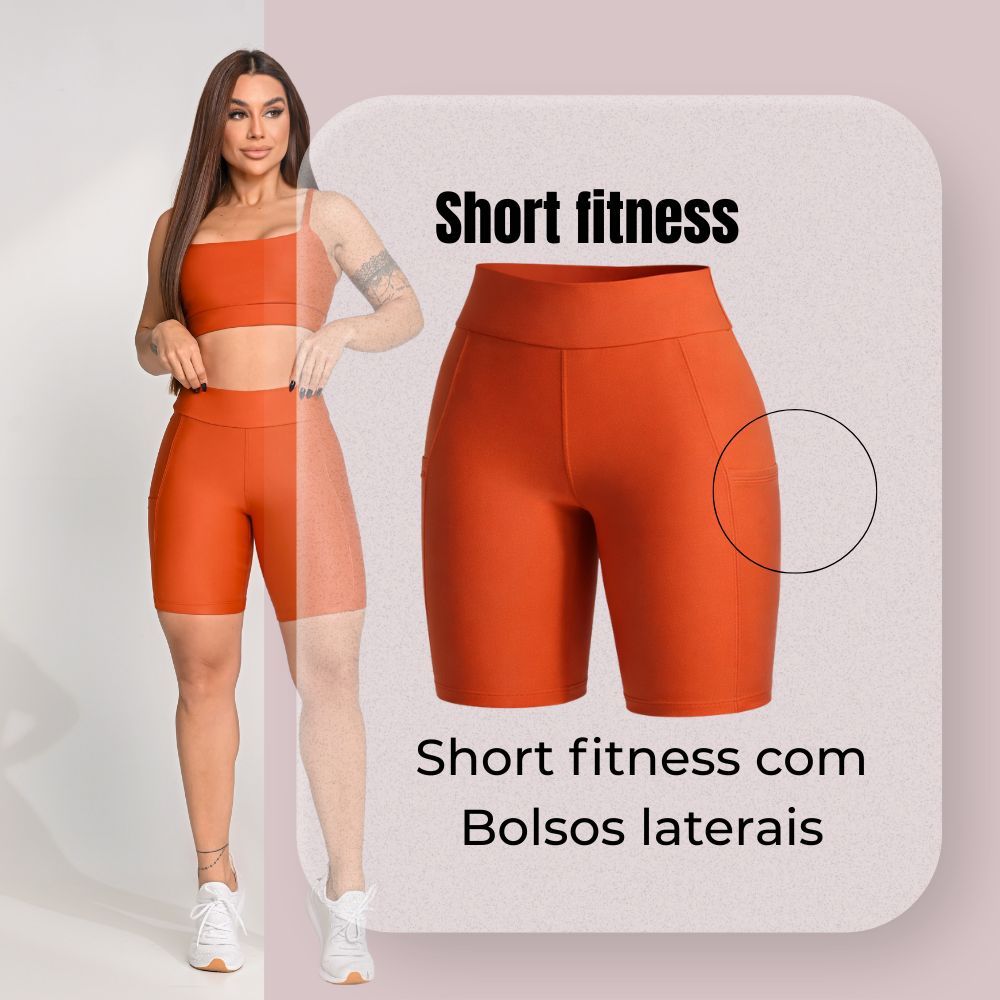 Shorts Fitness Legging Com Bolso Suplex Short Leg Cintura Alta Zero Transparência Fitness Ciclista