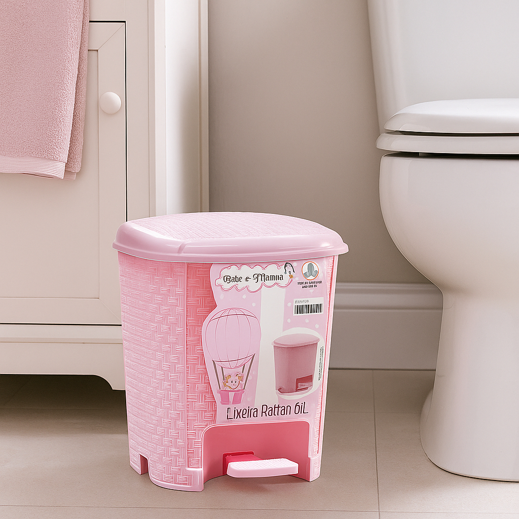 Lixeira Colorida Quarto Criança Cesto 6 Litros Rattan Pedal Banheiro Escritório Banheiro Cor Rosa
