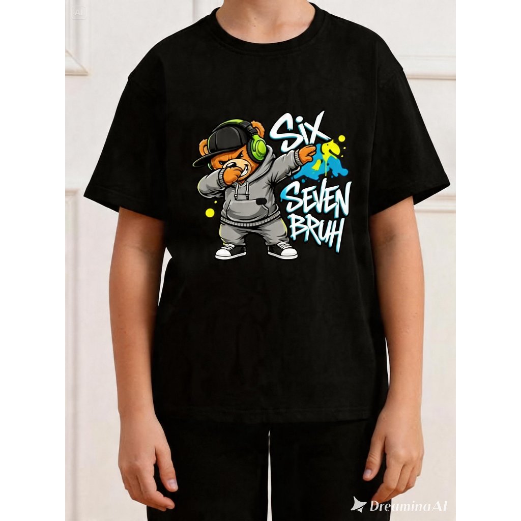 Camiseta Infantil/Adulto Divertida 100% Algodão Ursinho Estiloso Meme Six Seven Estilo Streetwear